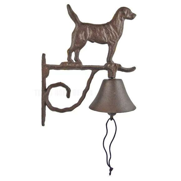 Dog Scroll Dinner Bell Cast Iron Wall Mounted Rustic Antique Brown Finish - Picture 5 of 7